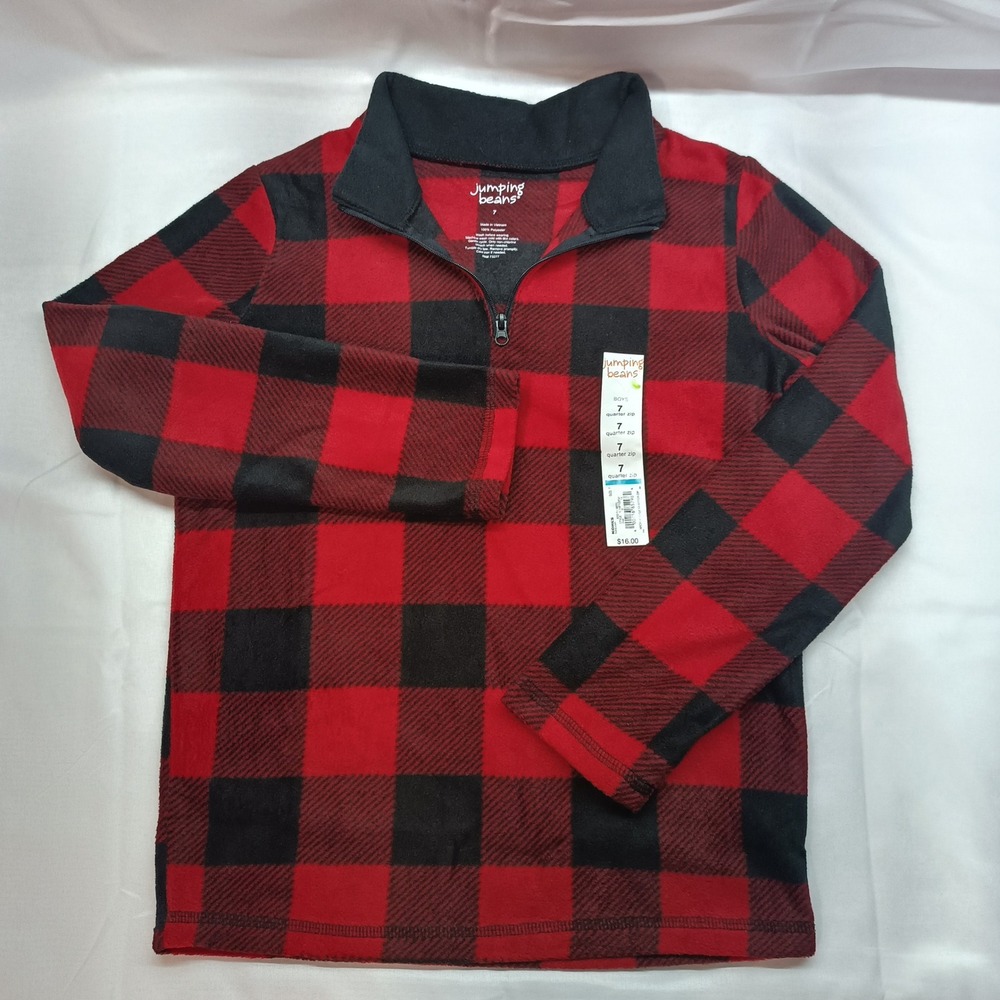 Jumping Beans Boys 7 Red Black Buffalo Plaid Microfleece Quarter Zip Pullover